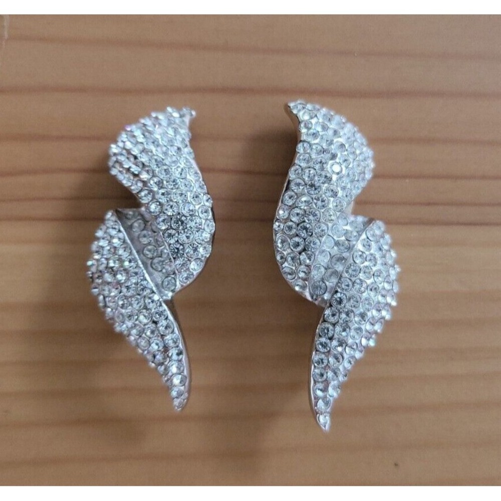 Vintage Jarin Kasi Pave Clear Rhinestones LARGE Swirl Clip On Earrings Signed